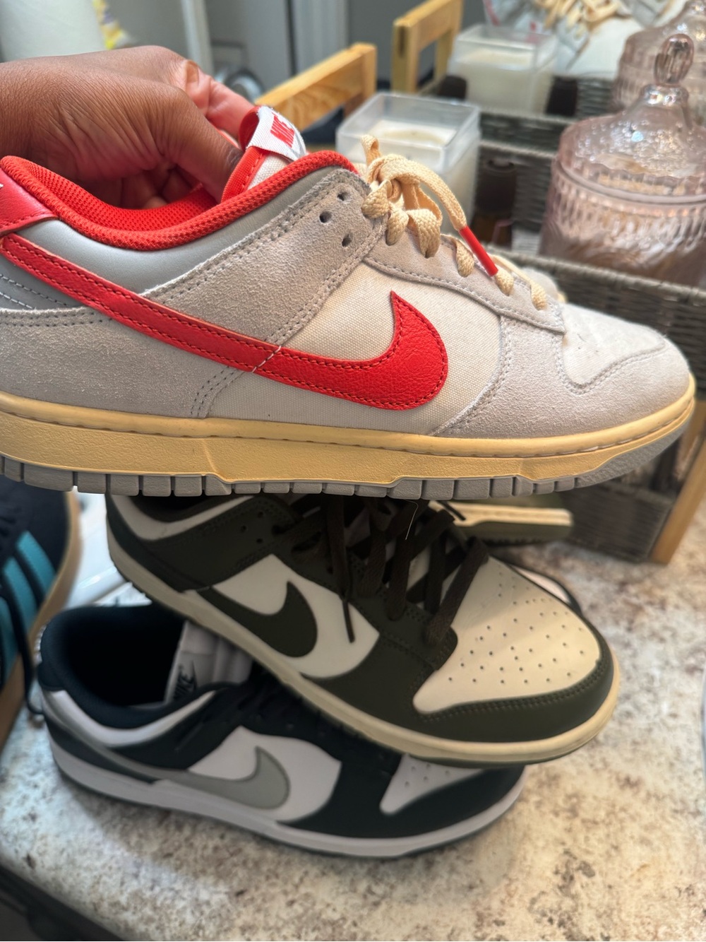 Nike Low-Top Sneakers in Light Gray with Red Swoosh and Cream Midsole